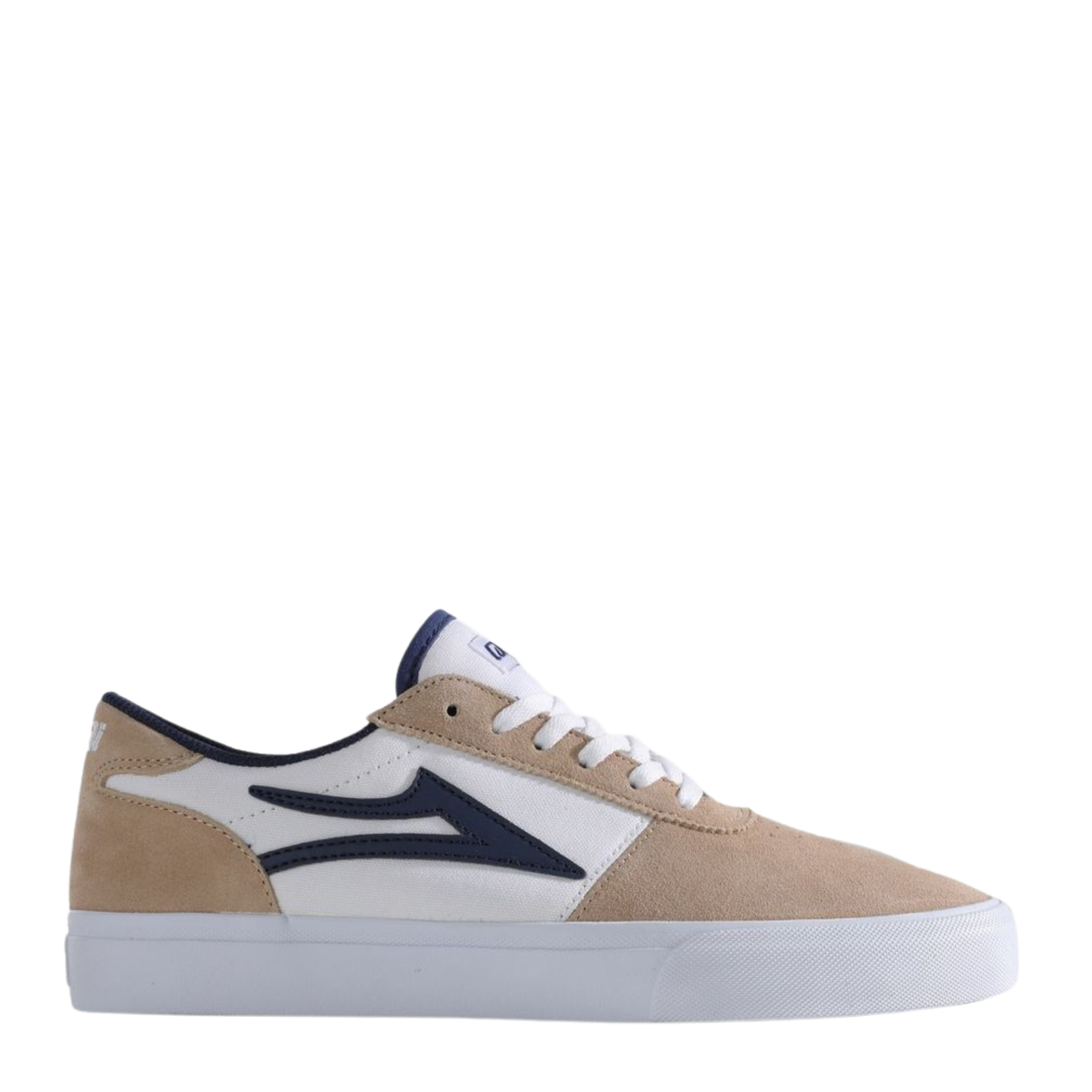 Beige and white lakai manchester skateboard sneaker with a blue logo on a white background