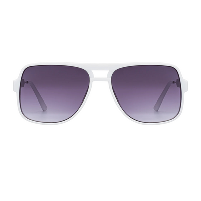 White sptifire orbital sunglasses with black gradient lenses on a white background