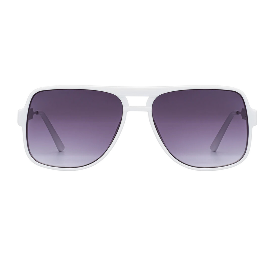 White sptifire orbital sunglasses with black gradient lenses on a white background