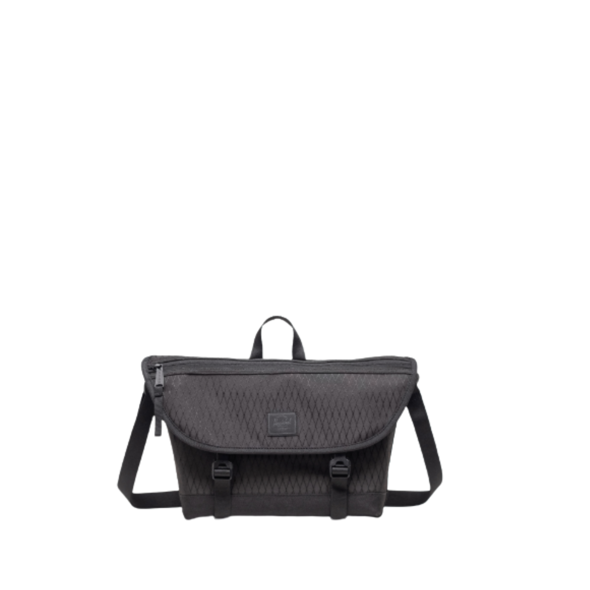 Black PATTERNED herschel messenger bag on a white background