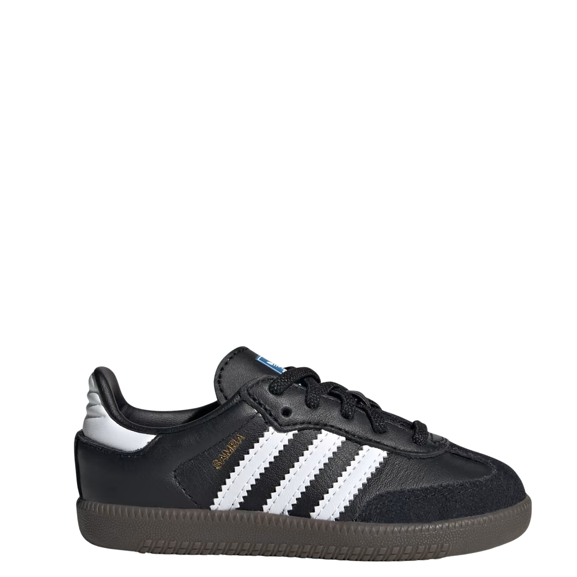 A single Adidas Samba kids sneaker in black leather with signature white side stripes, a gold 'SAMBA' text on the side, and a dark brown gum sole, shown against a plain white background.