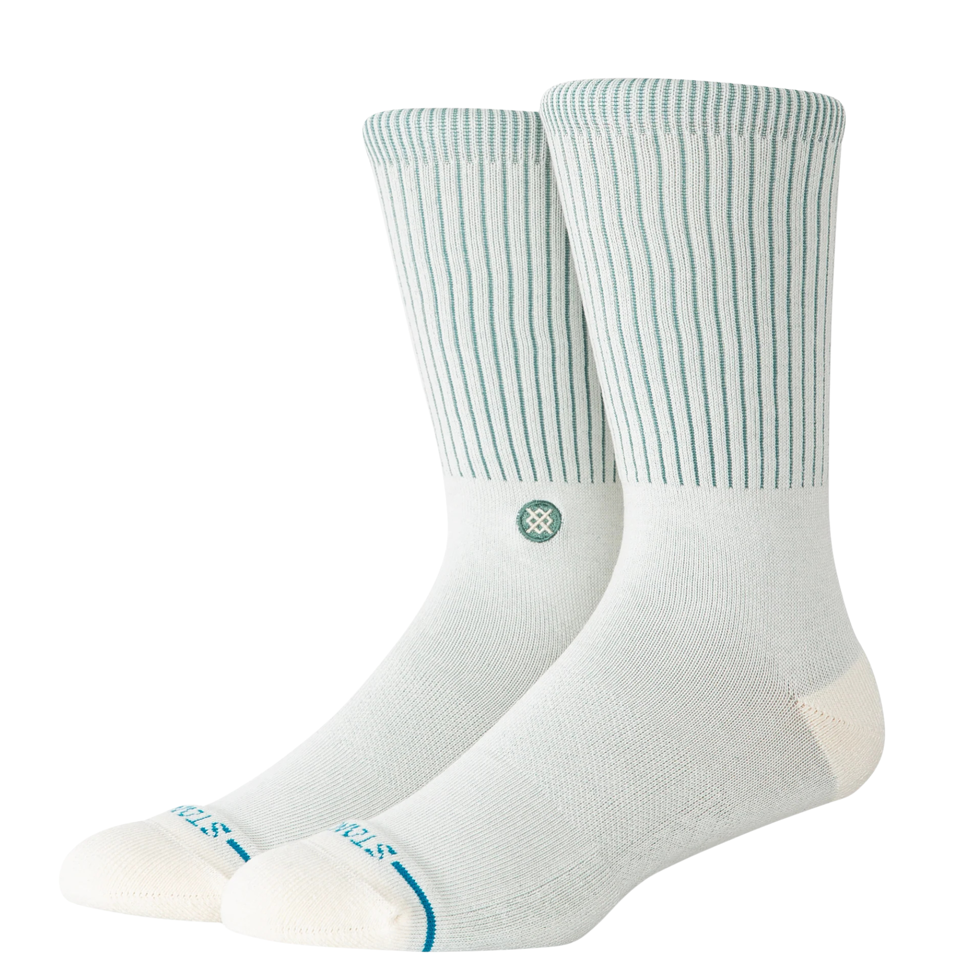 White stance icon socks with green stripes on a white background