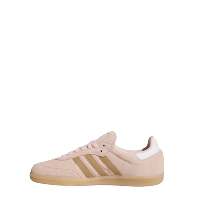 Pink Adidas samba adv sneaker with white stripes on a white background