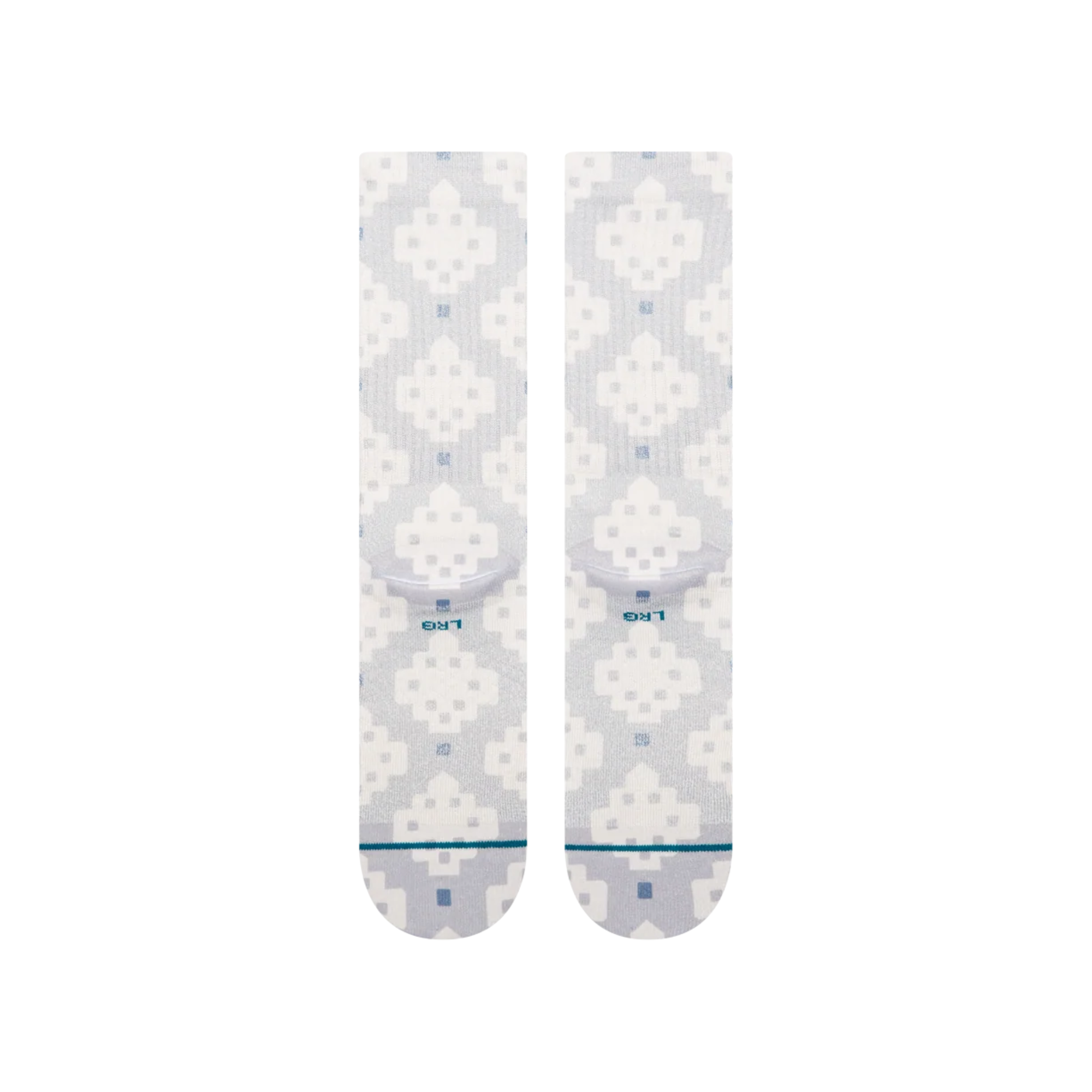A pair of Stance alhambra butterblend crew socks with a light gray and white pixelated geometric pattern, featuring a small blue logo and 'STANCE' branding on the toes.