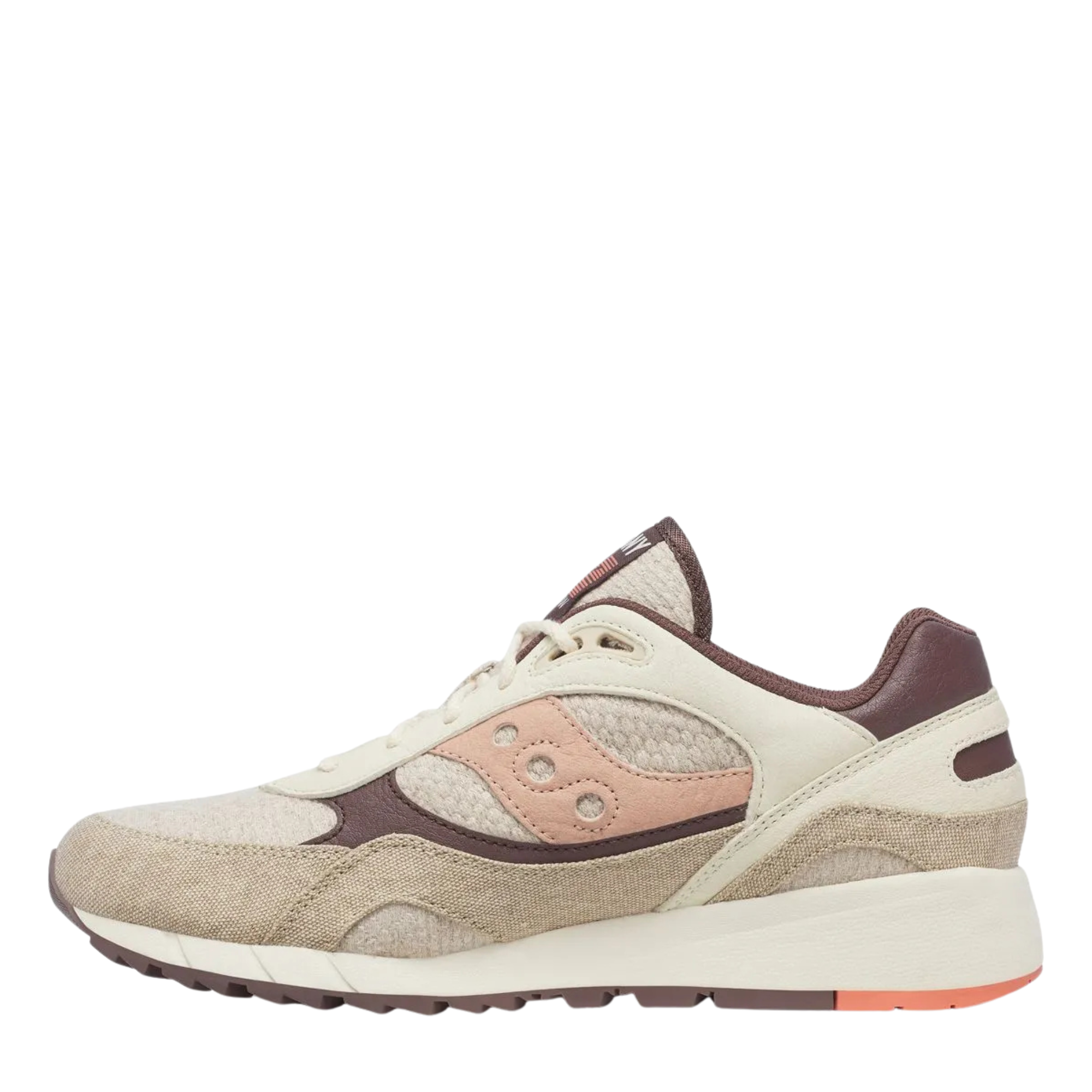 Beige saucony shadow 6000 women's sneaker with brown and pink accents on a white background