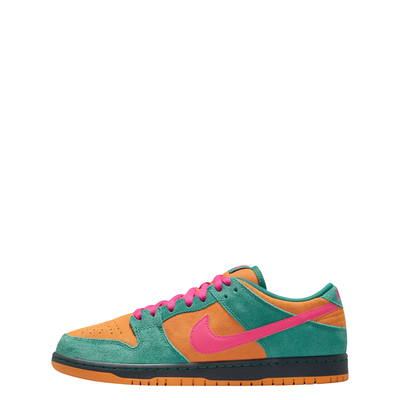A low-top Nike sb dunk low watermelon sneaker in a vibrant multicolor palette, featuring teal green suede, orange suede overlays, a bright pink Swoosh and laces, and a black and orange sole, shown against a plain white background.