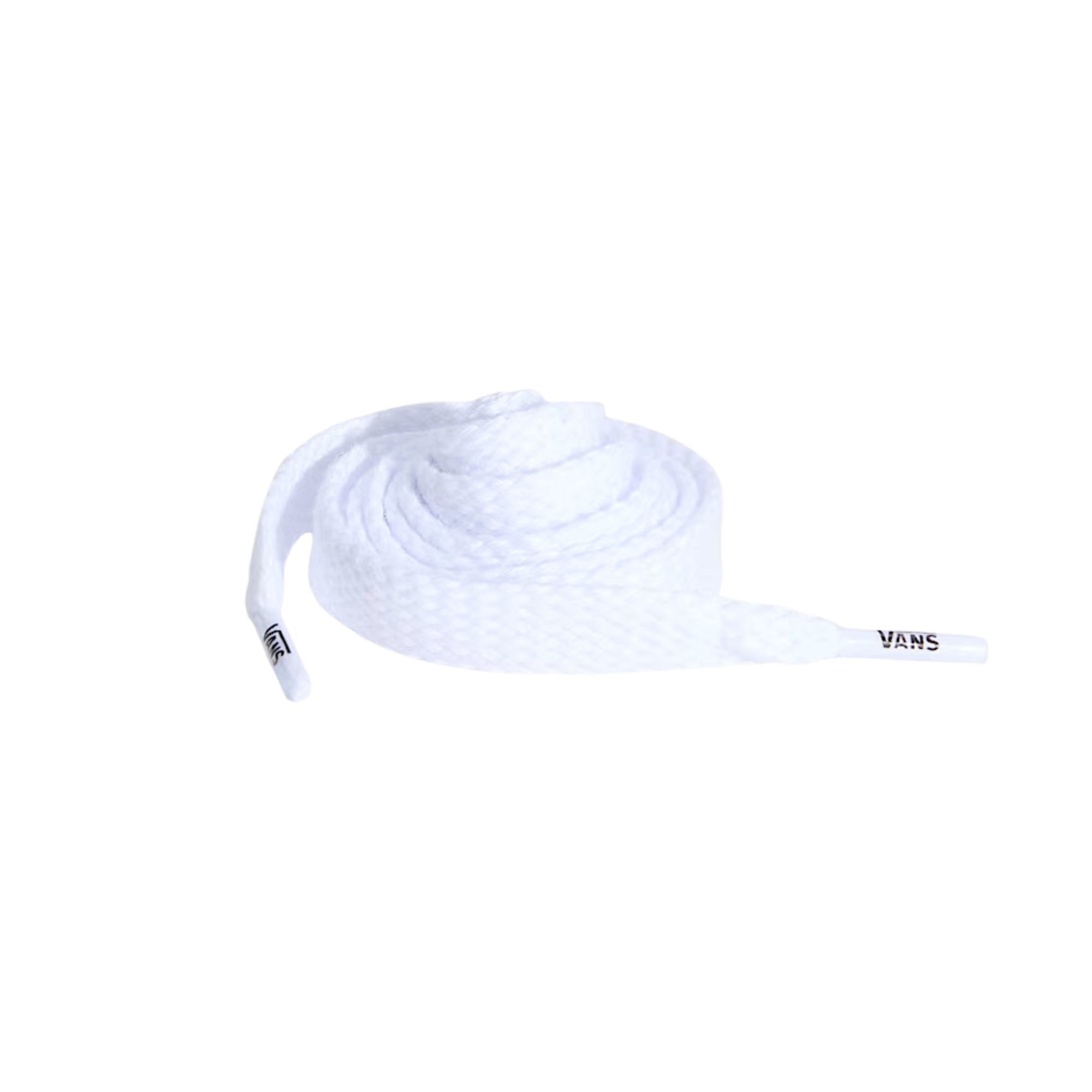 White shoelaces with a Vans logo on a white background