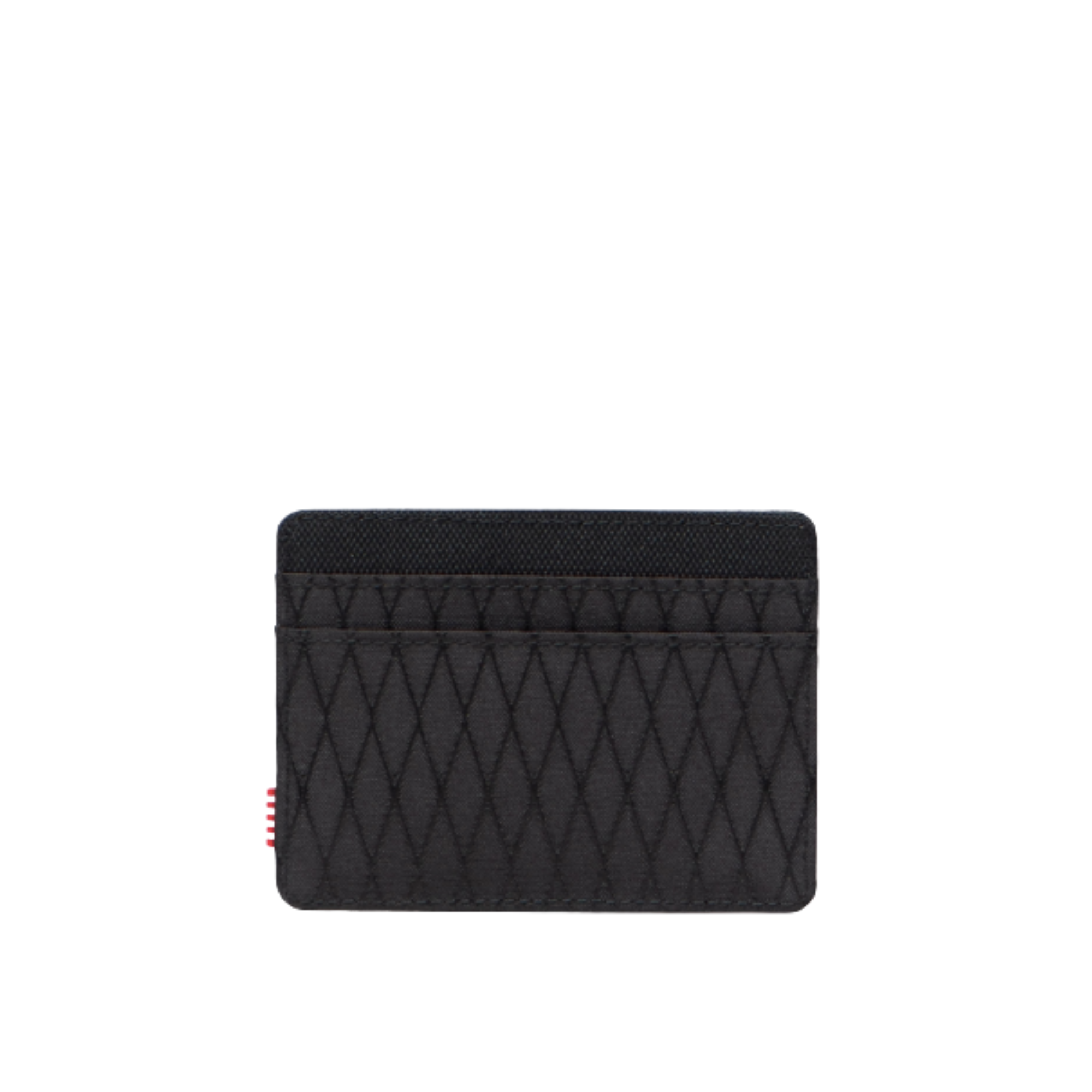 Black quilted herschel charlie wallet with Herschel logo on a white background