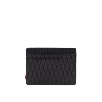 Black quilted herschel charlie wallet with Herschel logo on a white background
