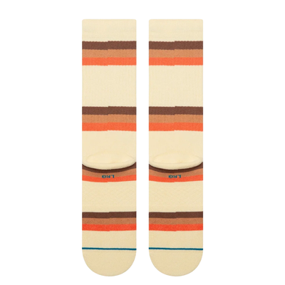 cream stance suns crest crew socks with orange a brown stripes on a white background
