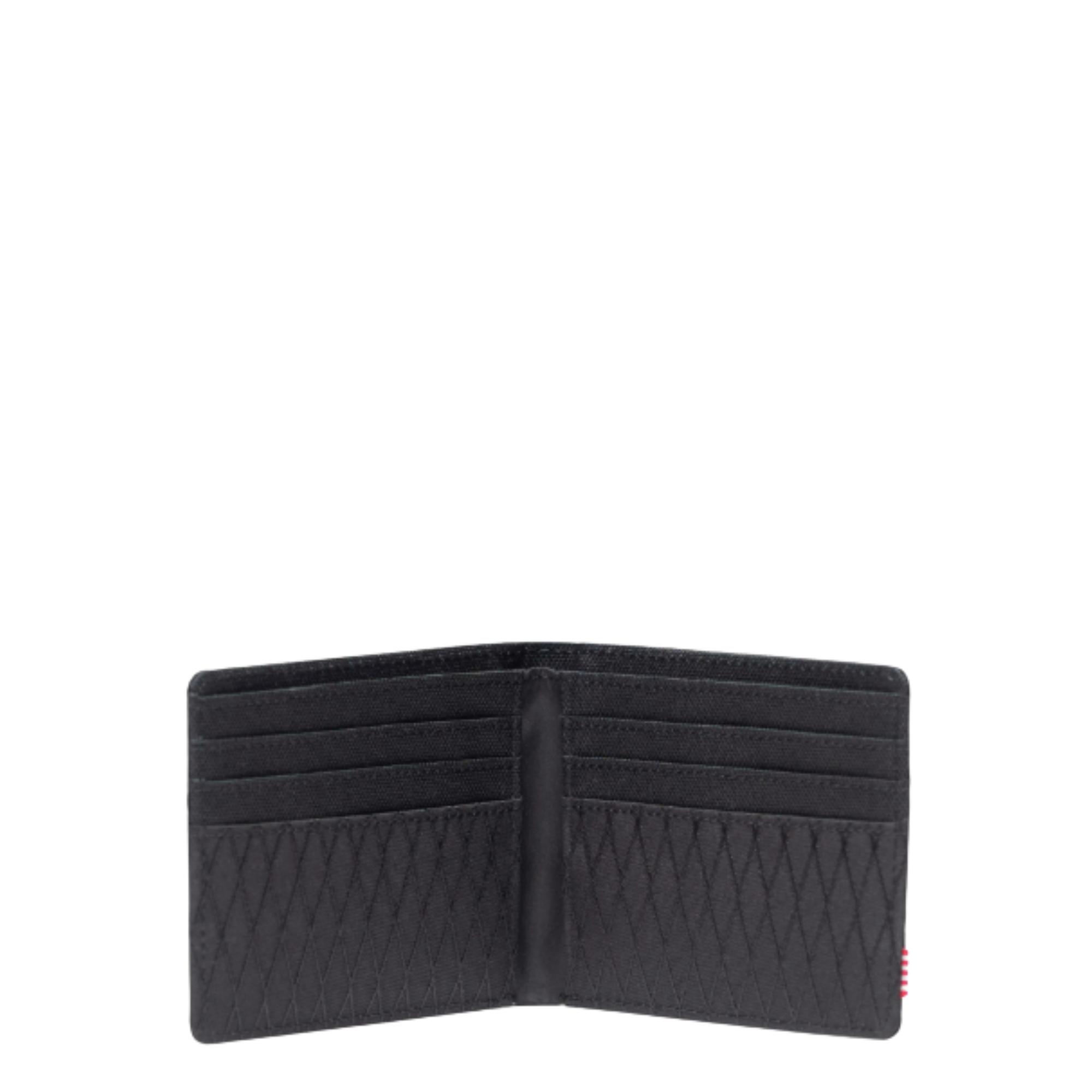 Black quilted herchel roy wallet with Herschel logo on a white background