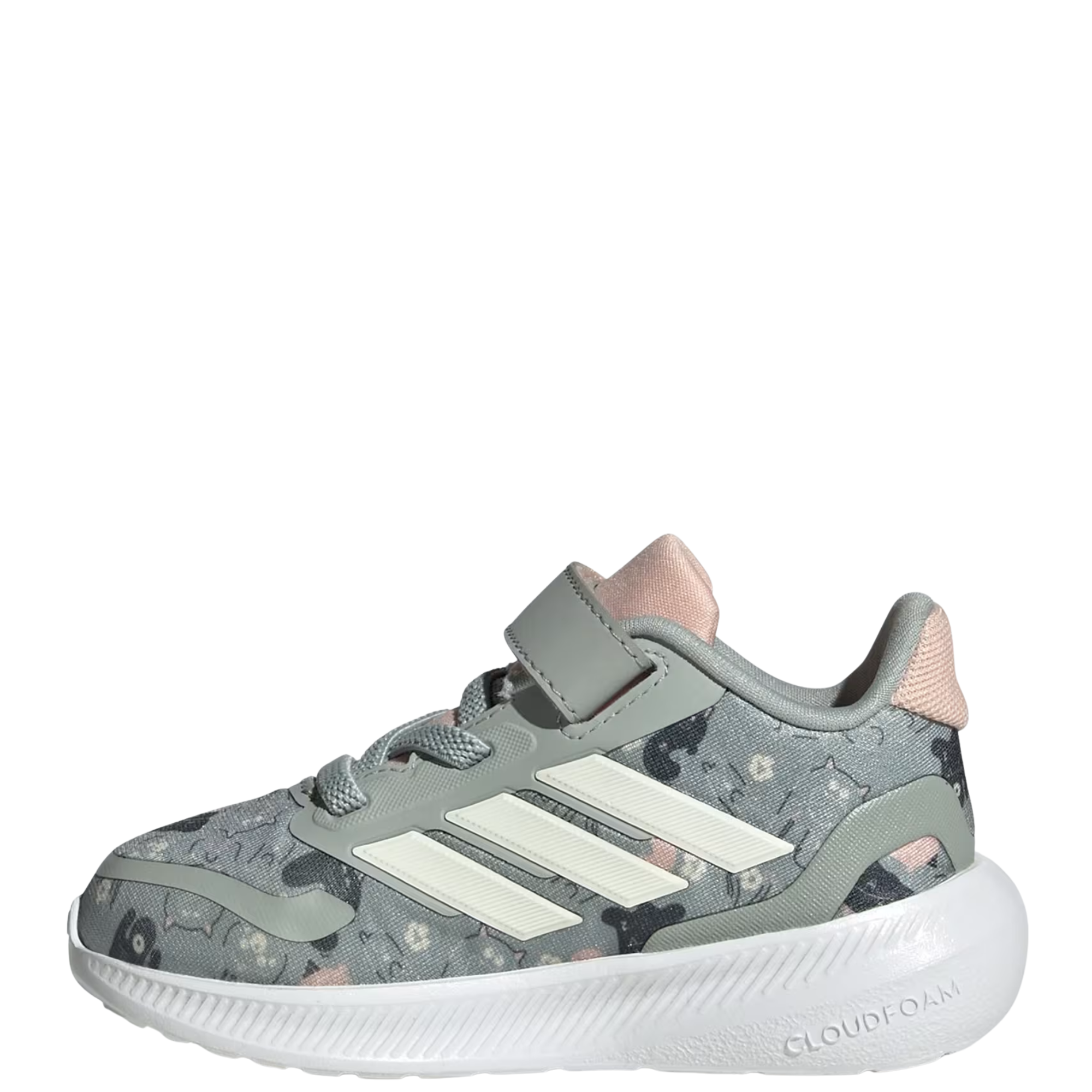 Green Adidas RUNFALCON 5 kids sneaker with floral pattern on a white background