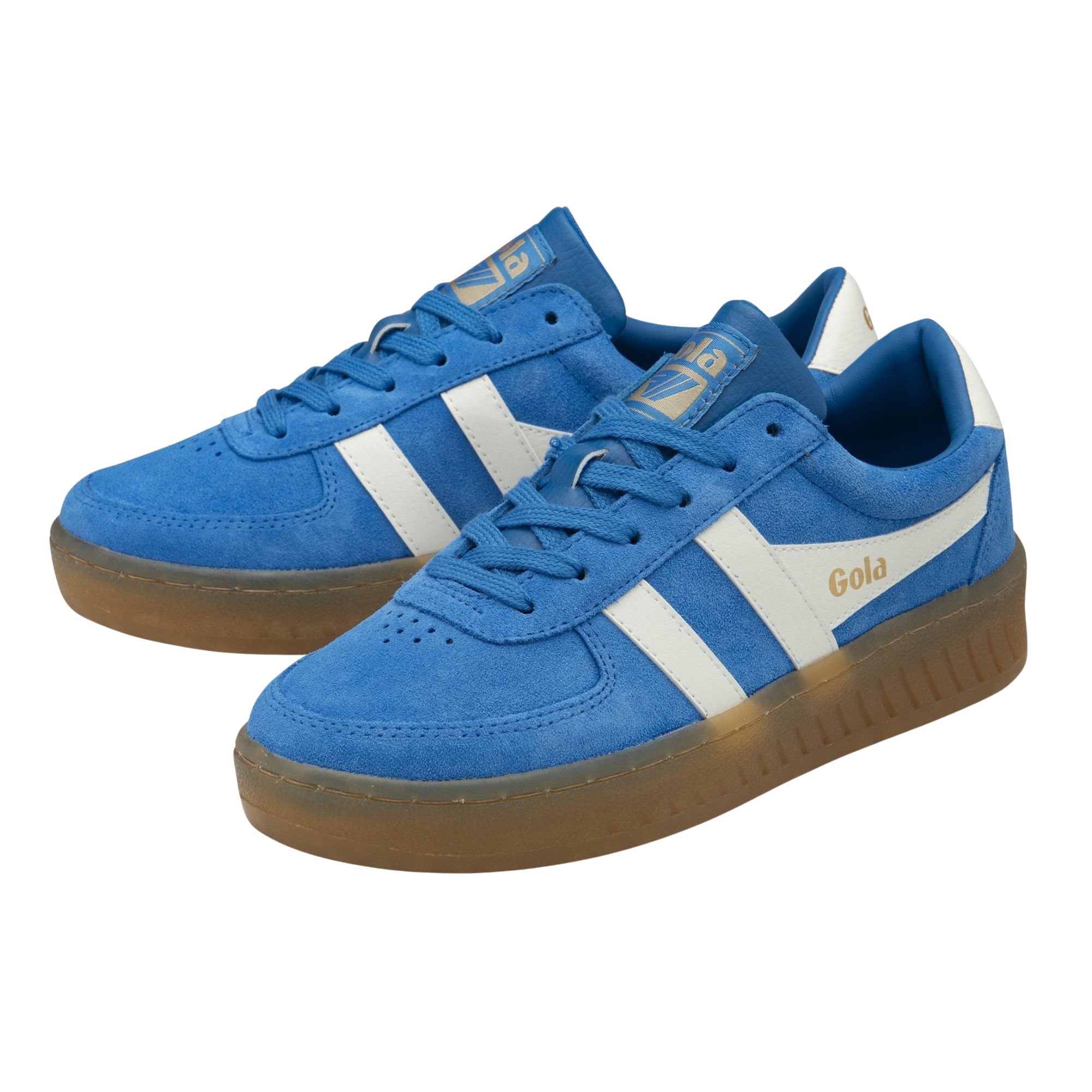 Blue gola grandslam suede sneaker with white stripes and brown sole on a white background