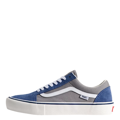 Gray and blue vans skate old skool sneaker with white accents on a white background