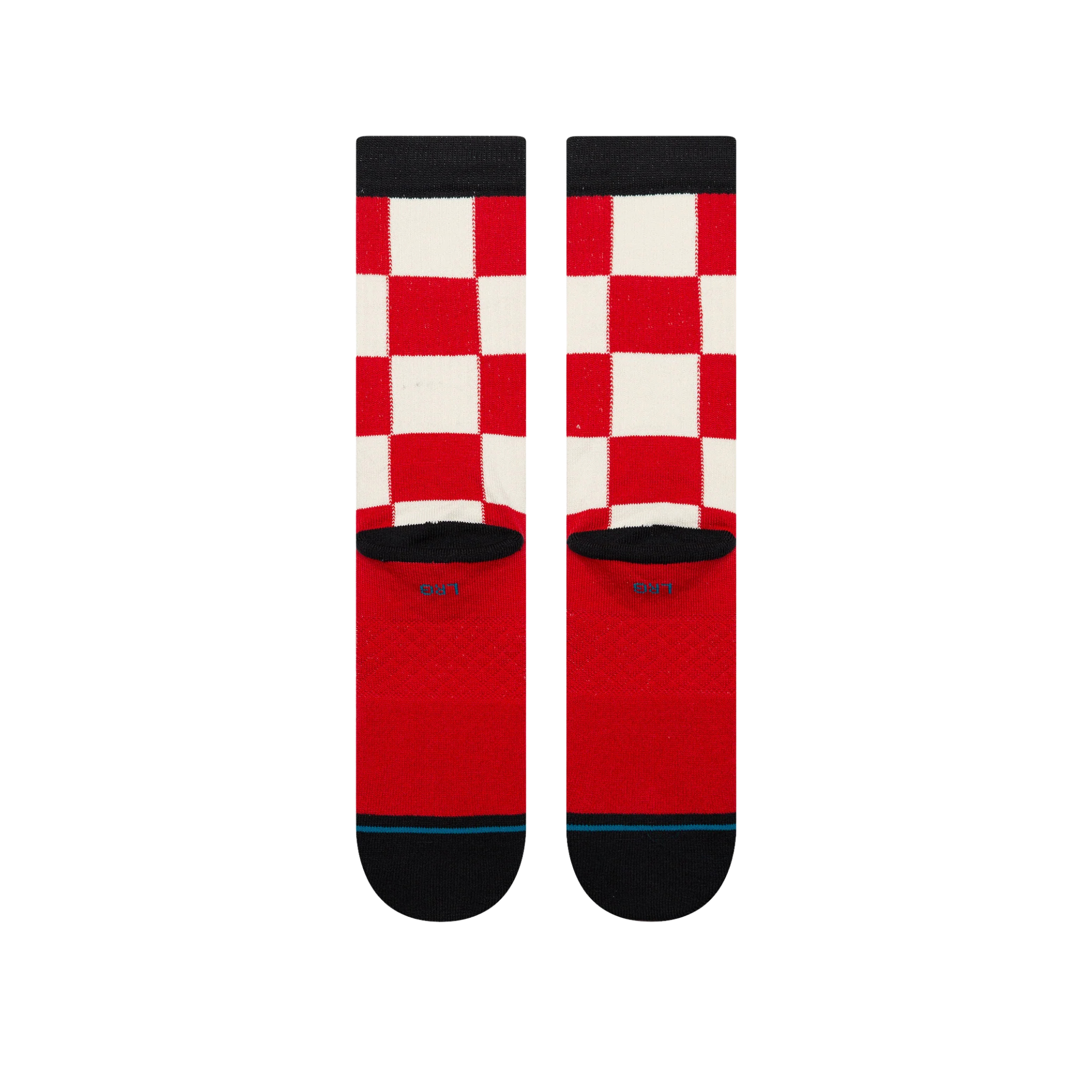 A pair of stance chaturanga crew socks with a red and white checkered pattern, featuring black cuffs, heels, and toes, and a small circular Stance logo on the side.