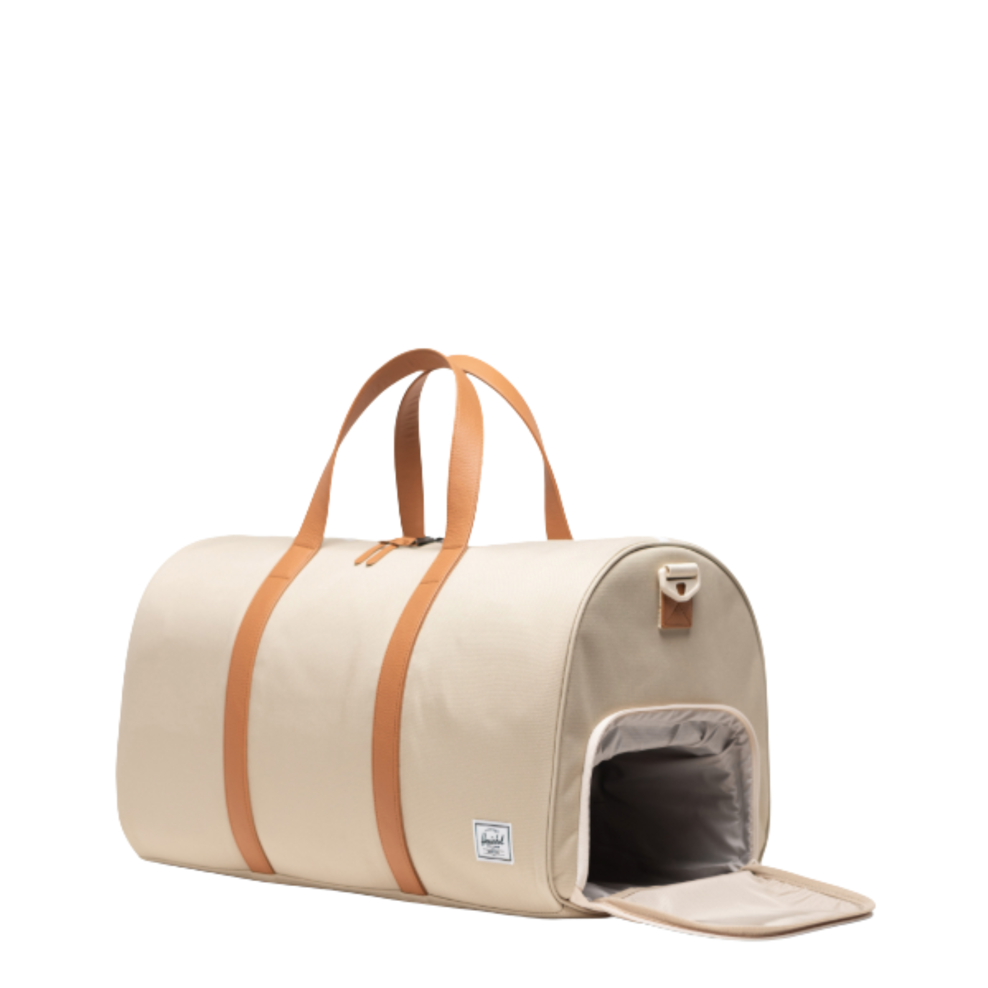 Beige herschel novel duffel bag with brown straps on a white background