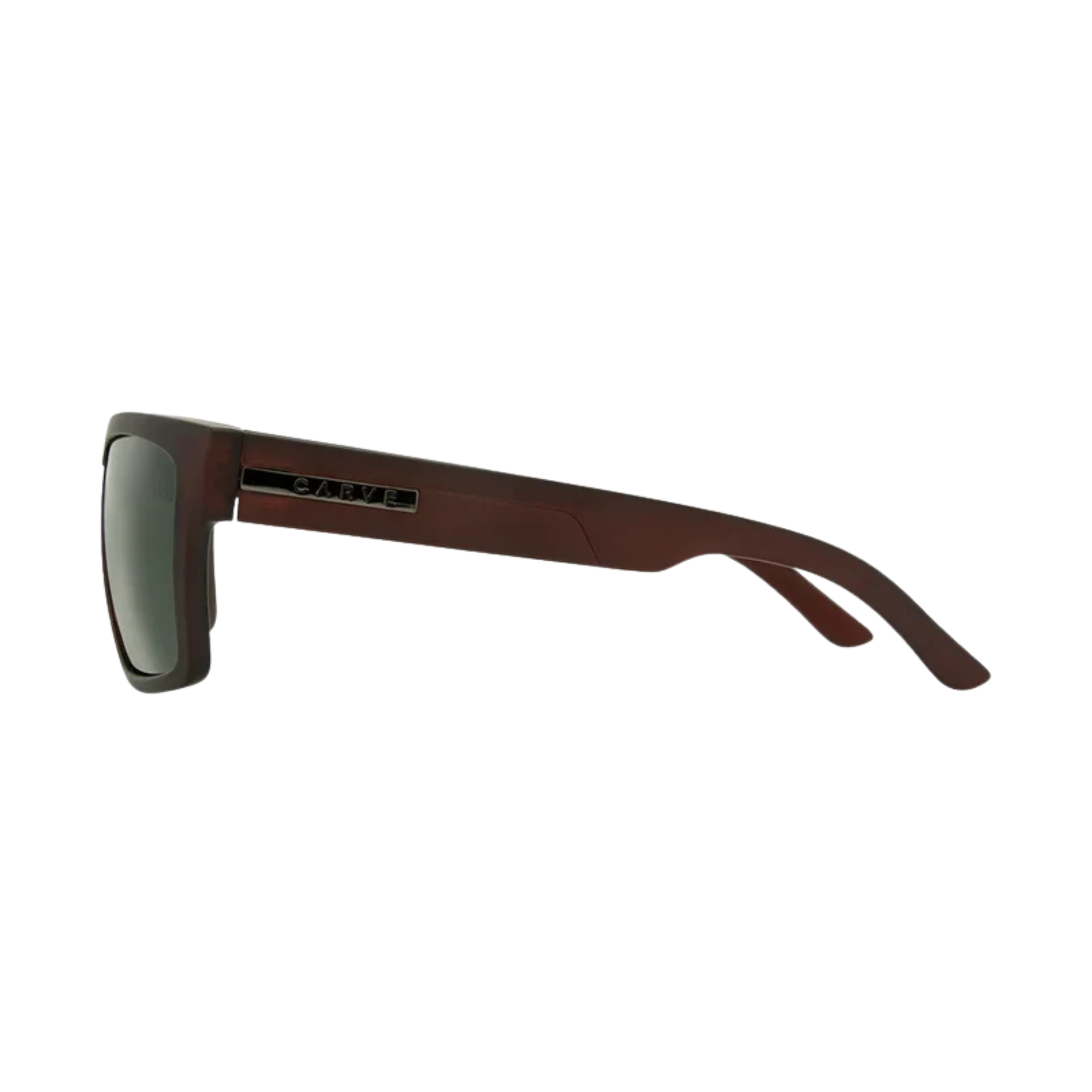 Matte dark brown carve eyewear rectangular sunglasses with dark green lenses, shown from the front on a solid white background.