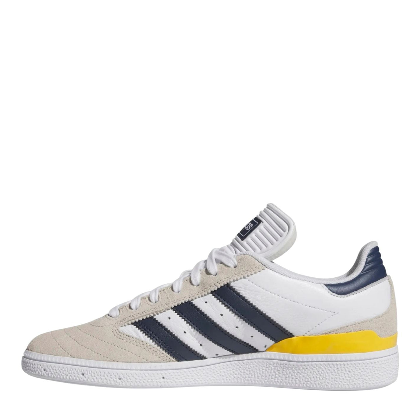 White adidas busenitz pro skateboard sneaker with navy stripes and yellow accent on a white background