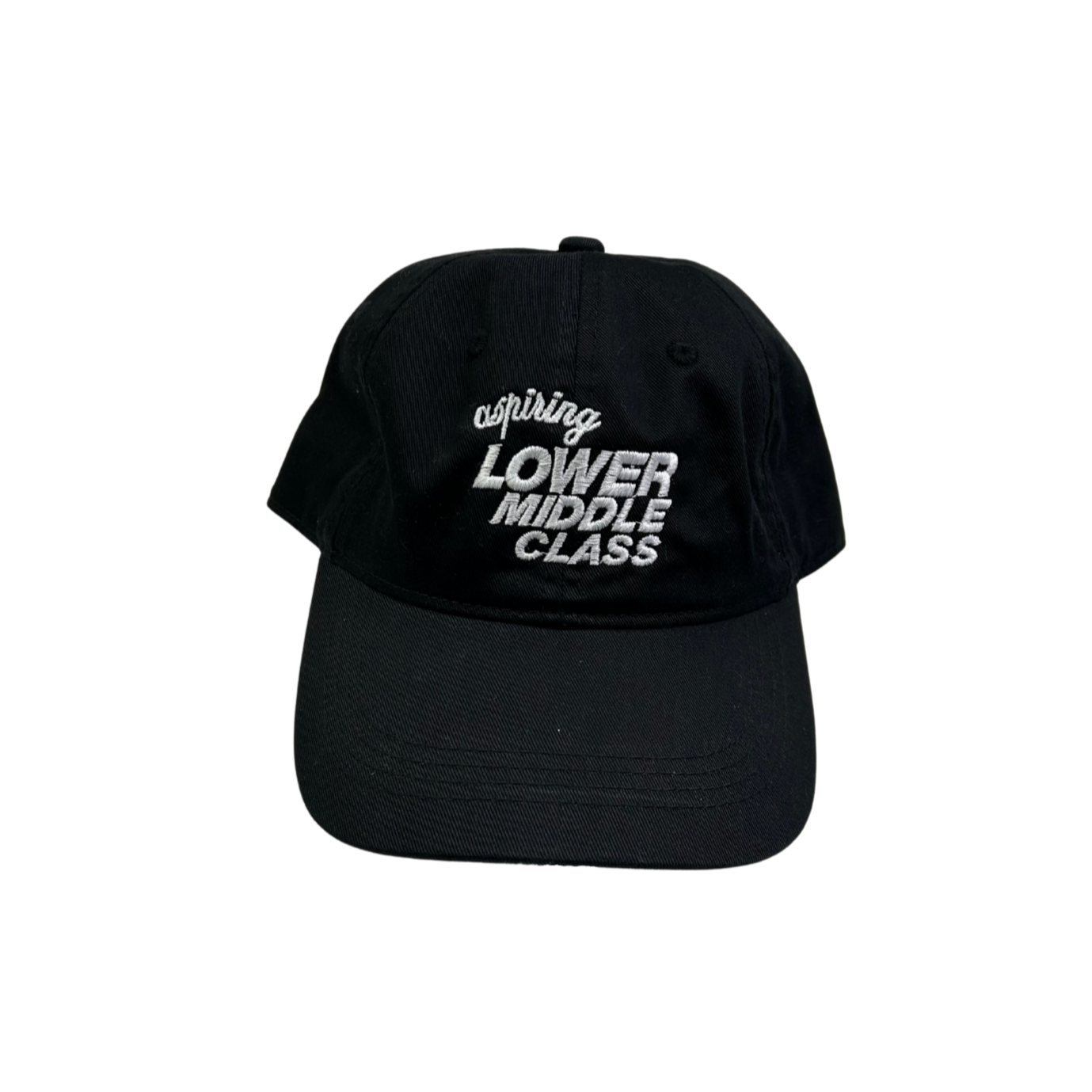 BLack cap with white text reading aspiring lower middle class on a white background
