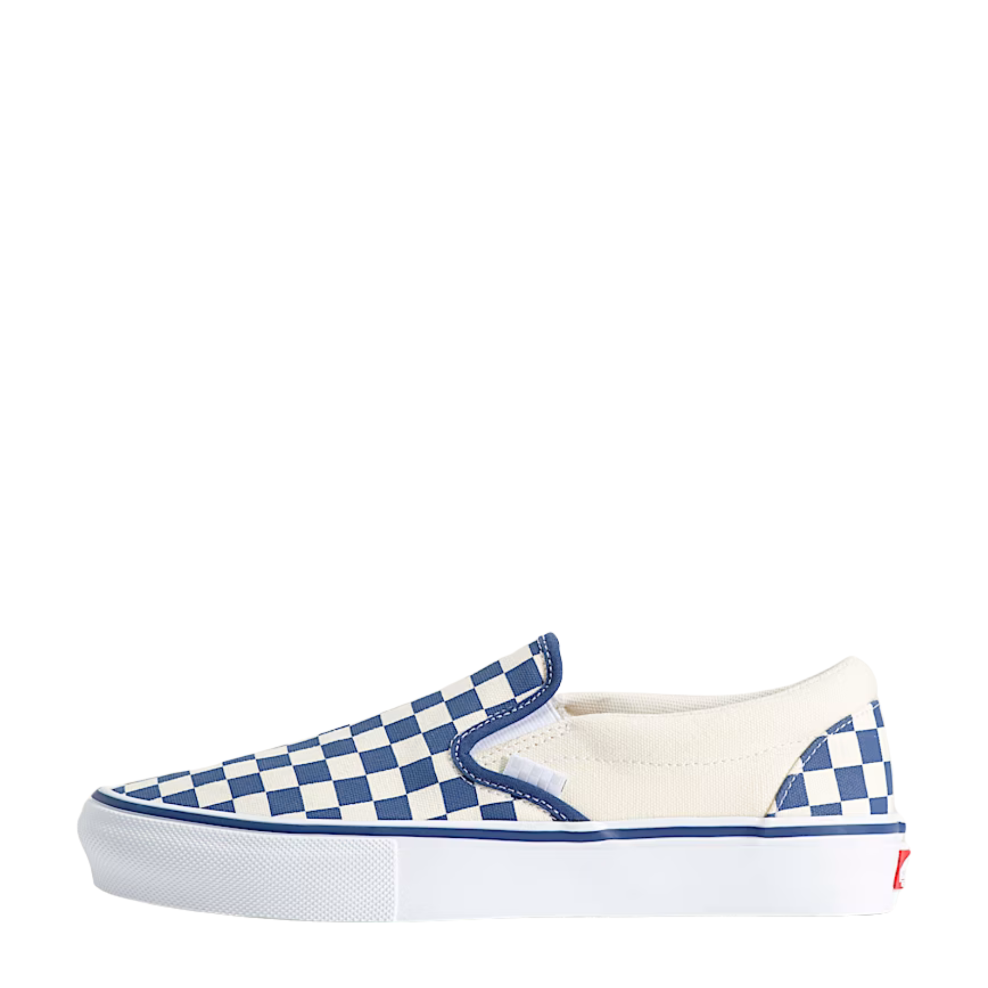 Vans Checkered skate slip-on shoe with blue and white pattern on a white background