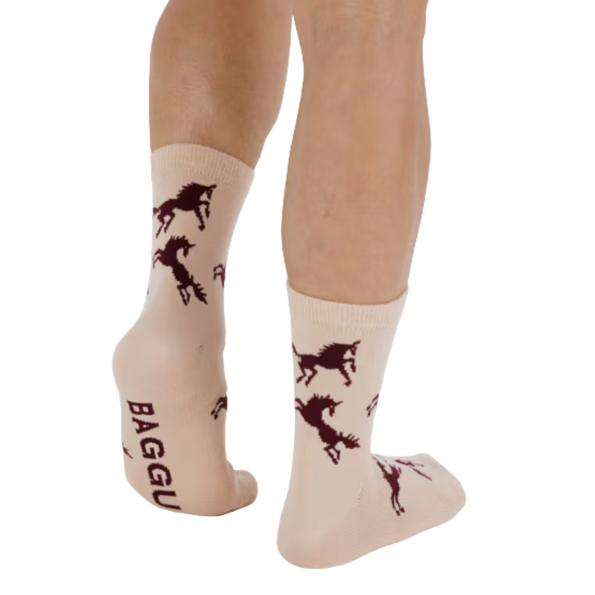 Beige baggu crew socks with horse pattern on a white background