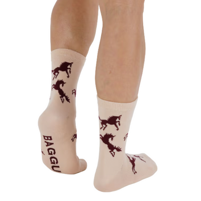 Beige baggu crew socks with horse pattern on a white background