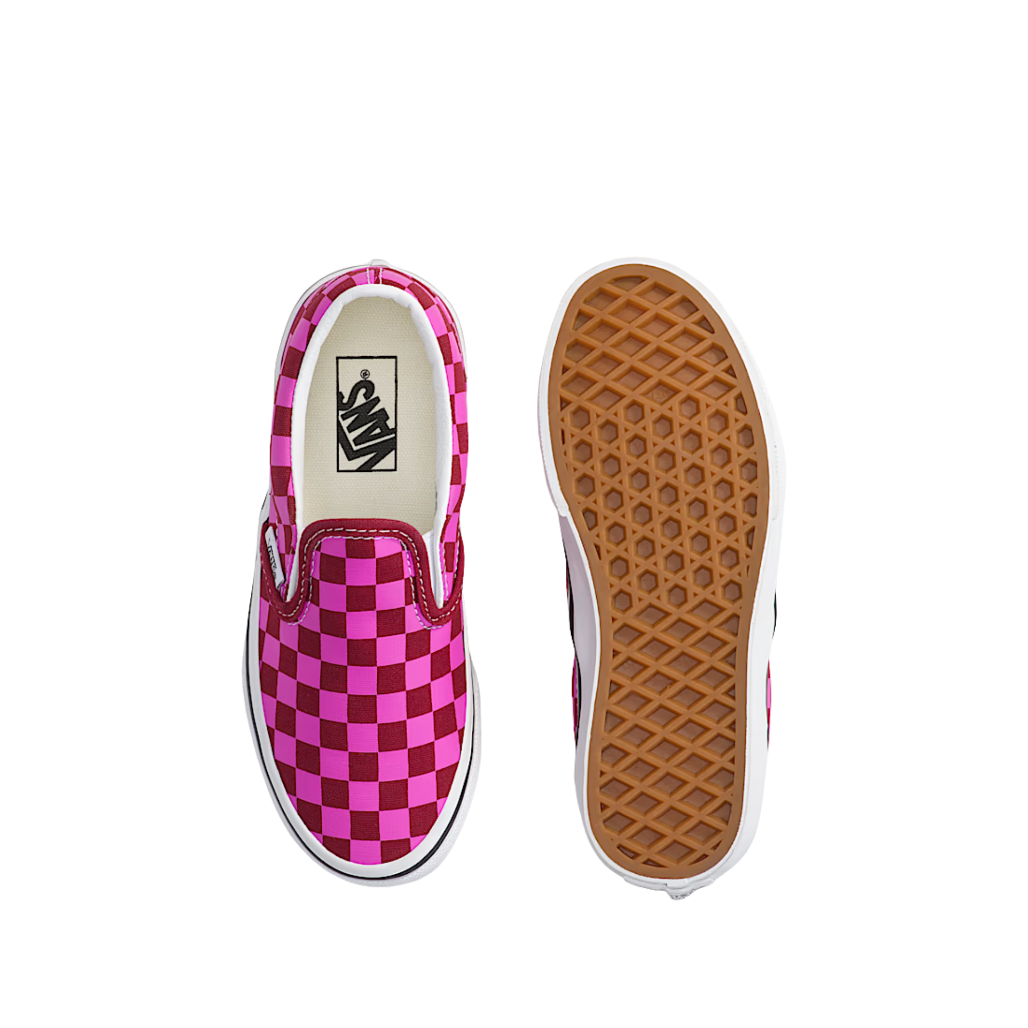 kids vans pink and red checkerboard slip-on shoe on a white background