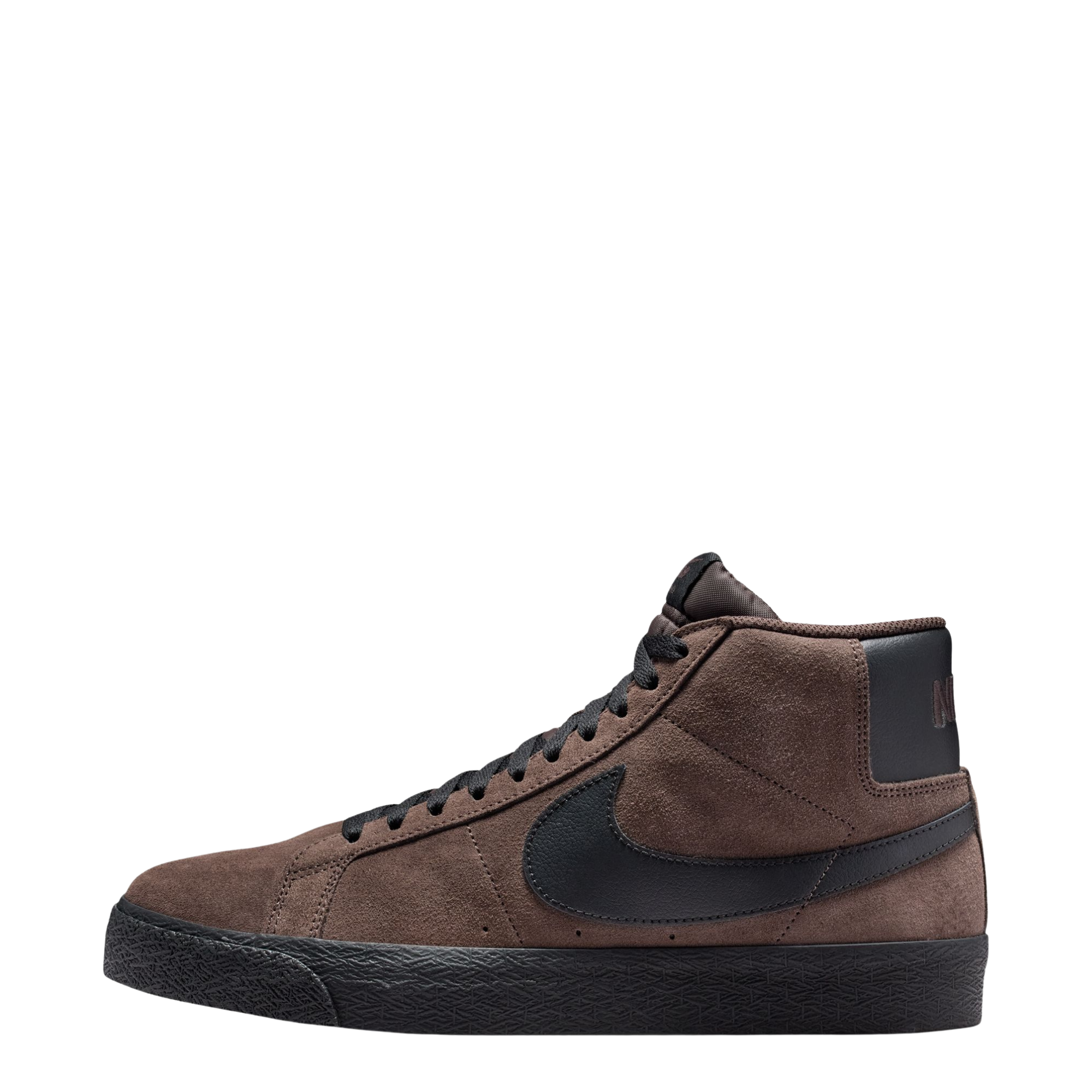 Brown mid-top nike sb blazer sneaker with black swoosh logo on a white background