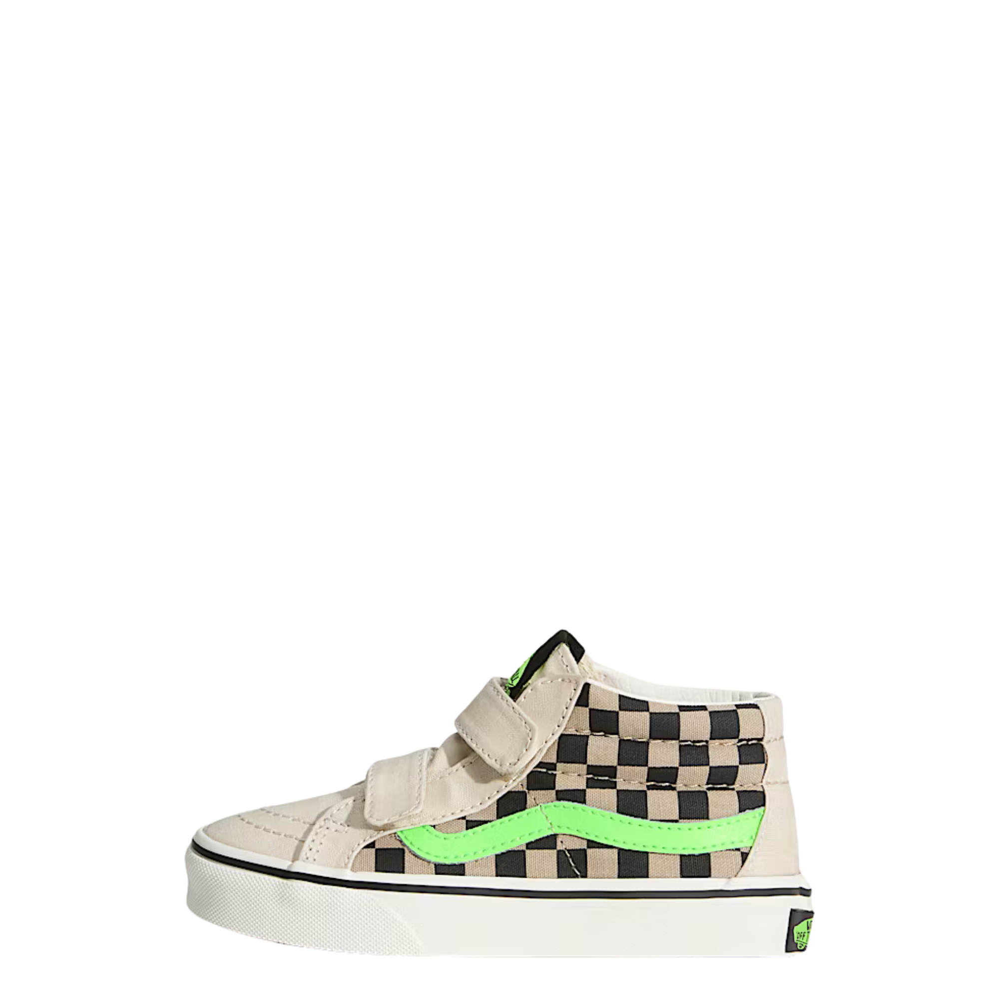 Checkered sk8-mid vans kids and toddler sneaker with neon green accents on a white background