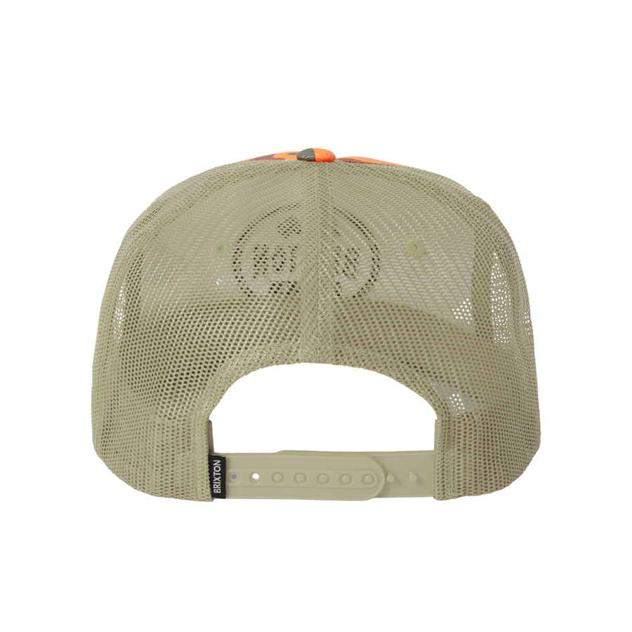 orange Camouflage-patterned brixton henry trucker hat with Brixton logo on a white background