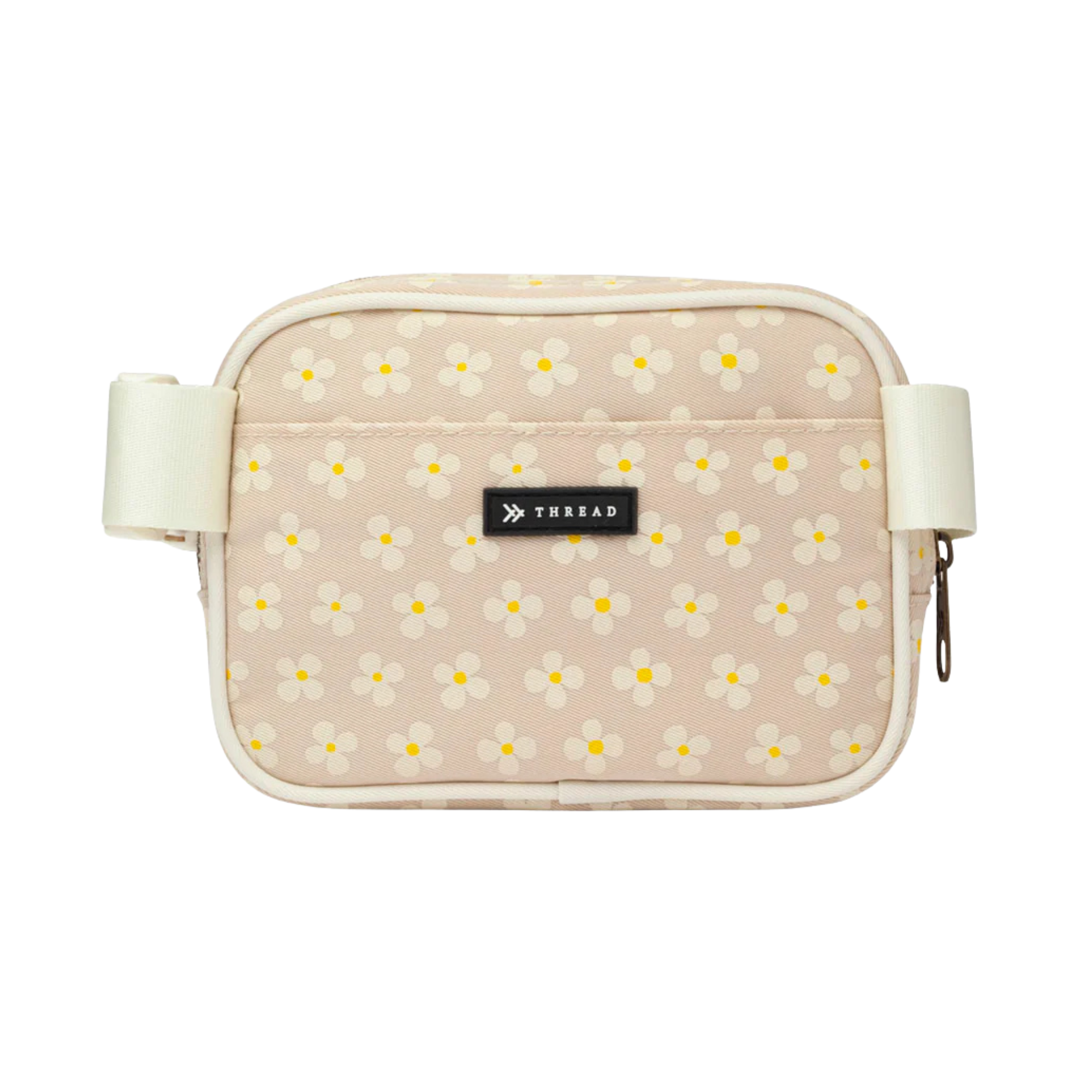 Beige belt bag with floral pattern and thread logo on a white background