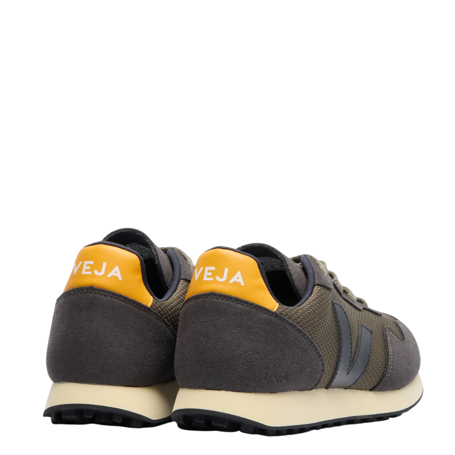 grey and green veja women's sneakers with off white sole and orange detail on the back