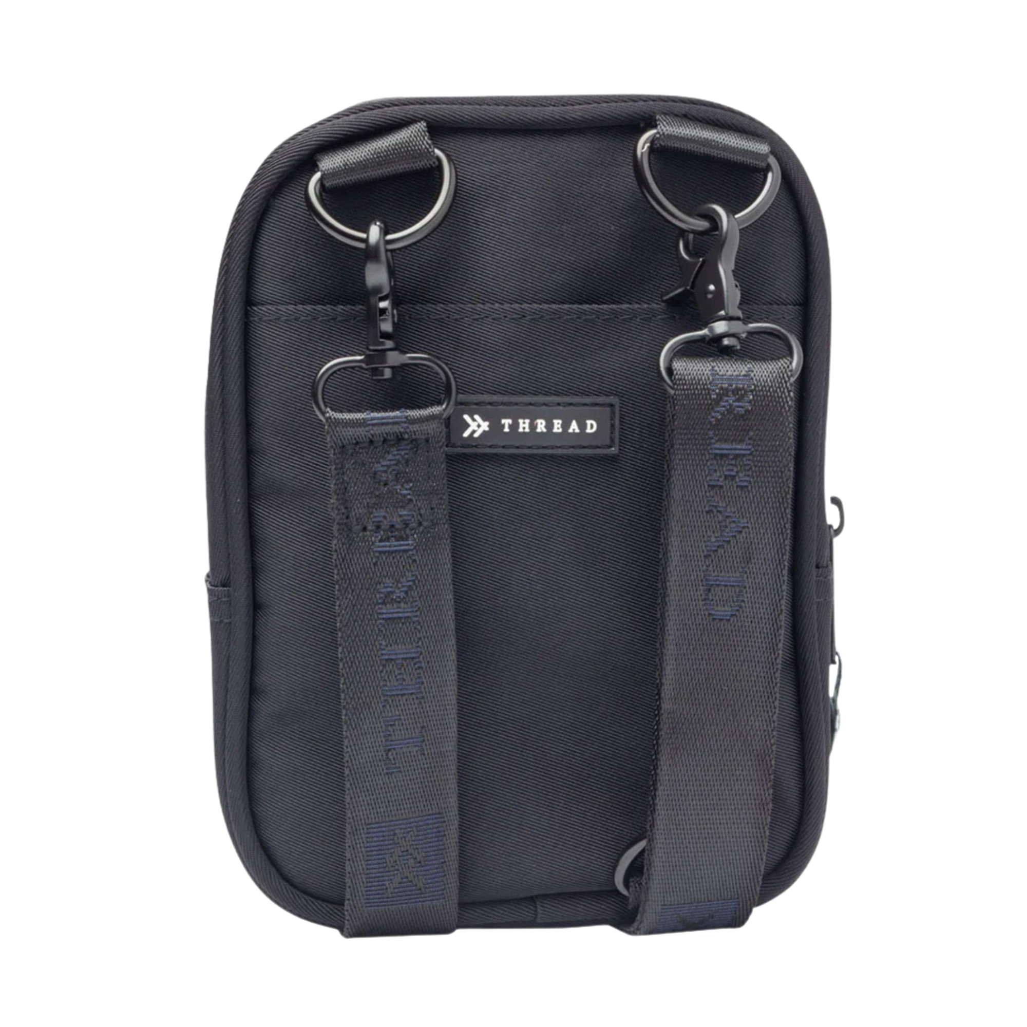 Black thread crossbody bag on a white background