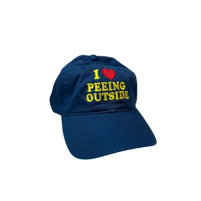 Blue cap with text 'I ❤️ Peeing Outside' on a white background