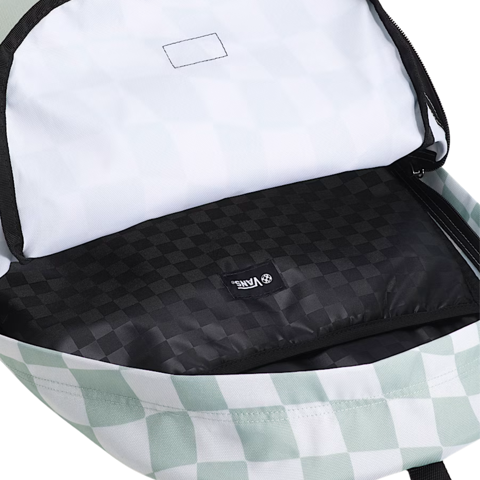 Green and white vans checkered backpack with a visible brand logo on a white background
