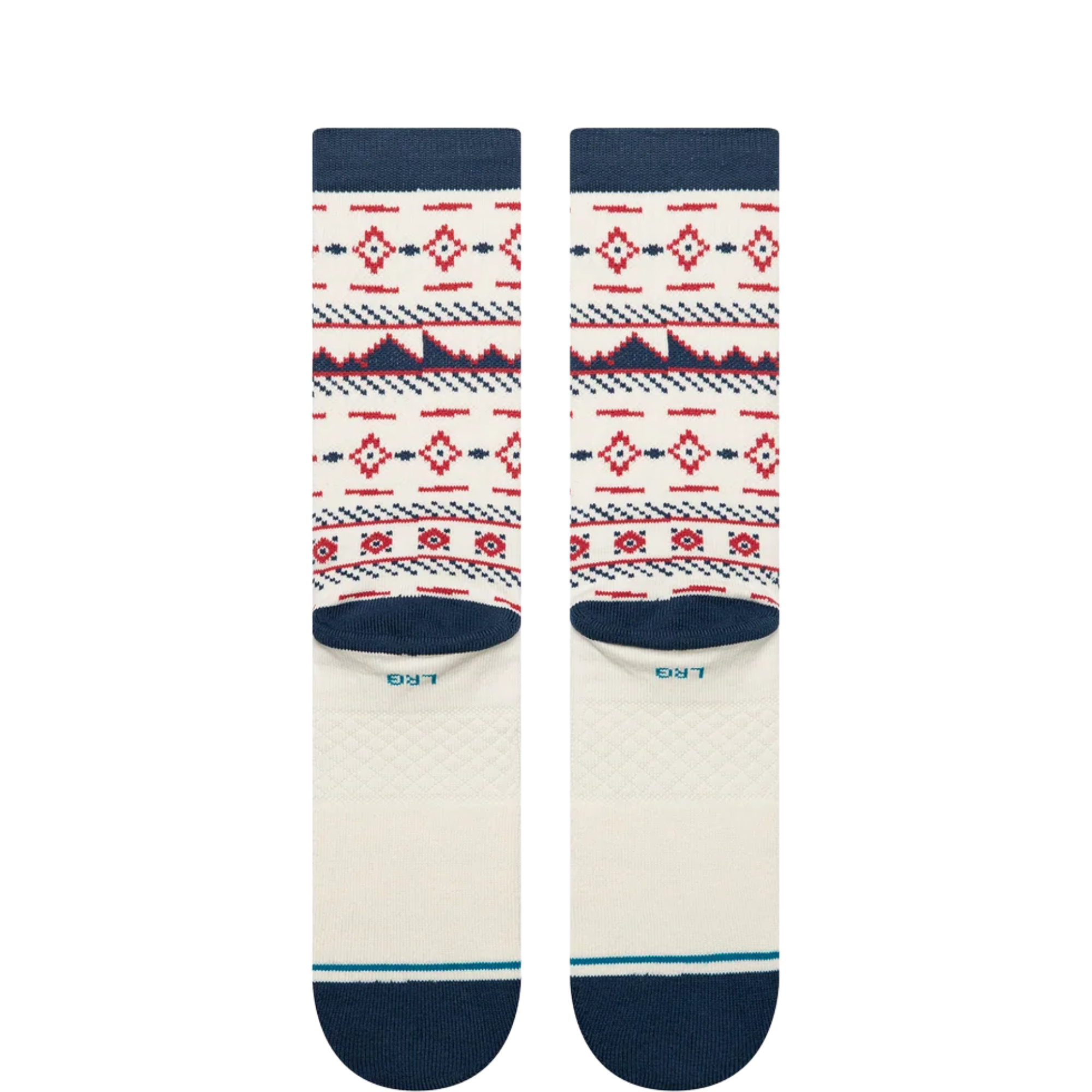 white stance rising tide crew socks with blue and red design on a white background