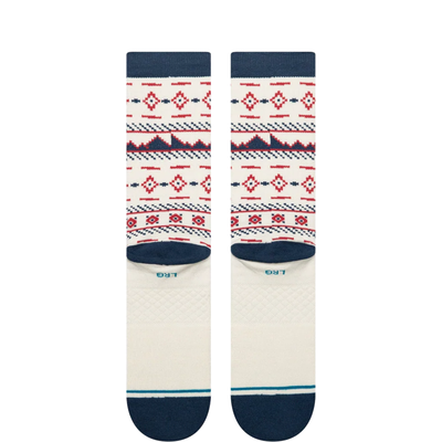 white stance rising tide crew socks with blue and red design on a white background