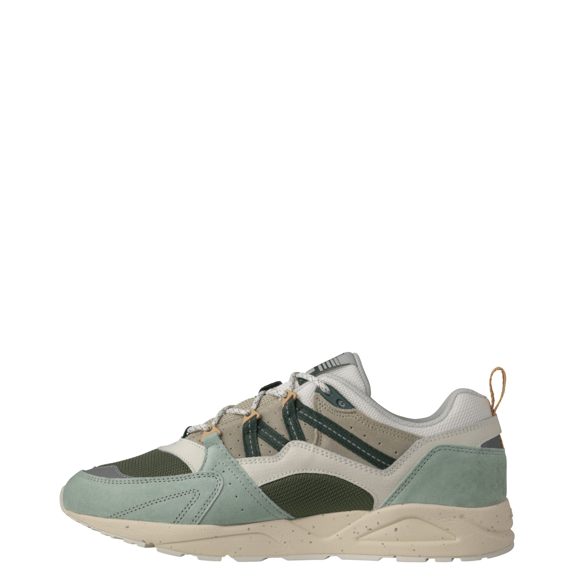 Karhu fusion 2.0 sneakers in a muted sage green, beige, and dark gray colorway, shown from a three-quarters angle against a plain white background.