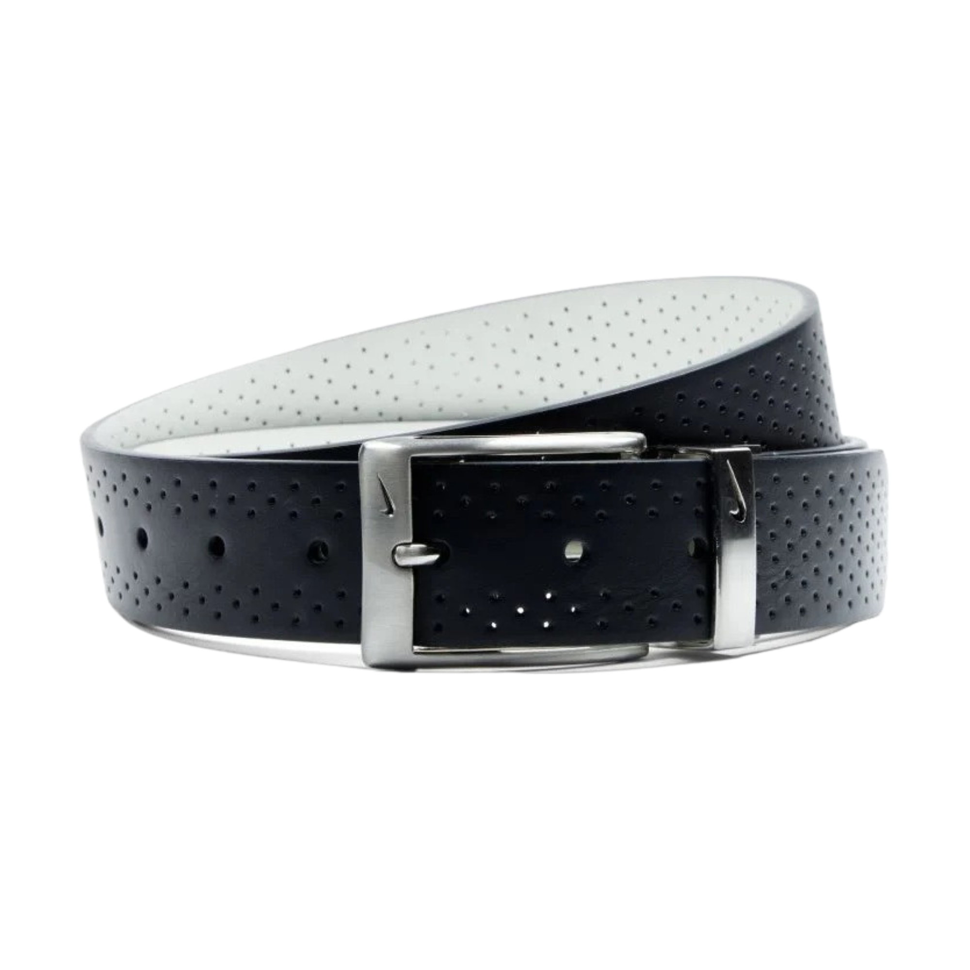 Black and white perforated leather nike belt with silver buckle on a white background