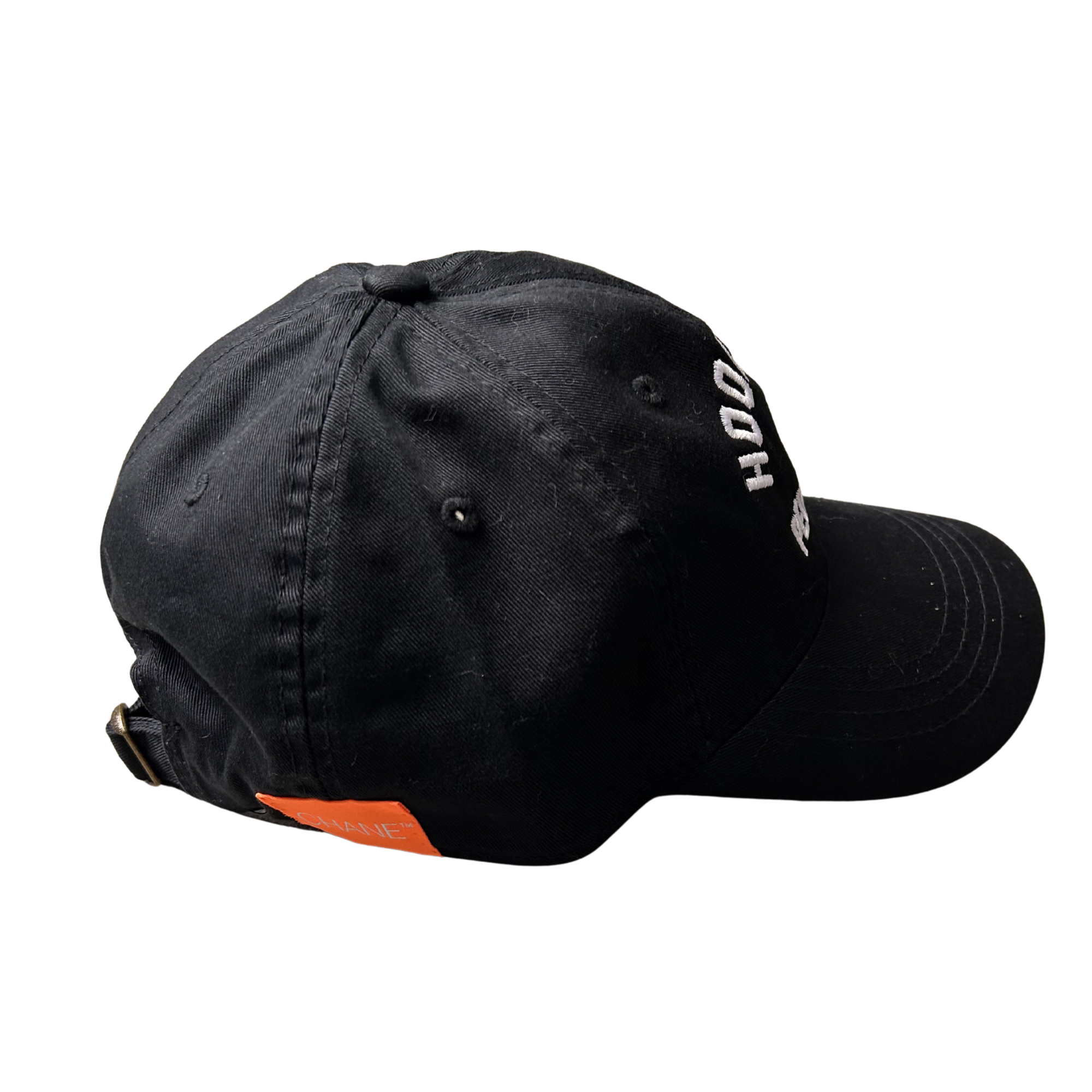 Black outdoor cap with 'HOOKERS ARE PEOPLE TOO' text on a white background