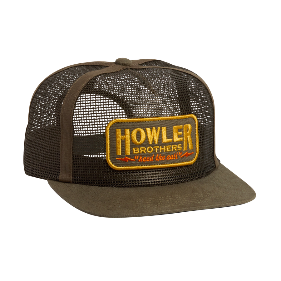 an olive trucker hat with a dark green mesh back and a flat brim, featuring a prominent yellow and red embroidered patch on the front that reads 'HOWLER BROTHERS "head the cat!"'.