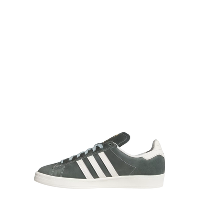 Green Adidas women's campus adv sneaker with white stripes on a white background
