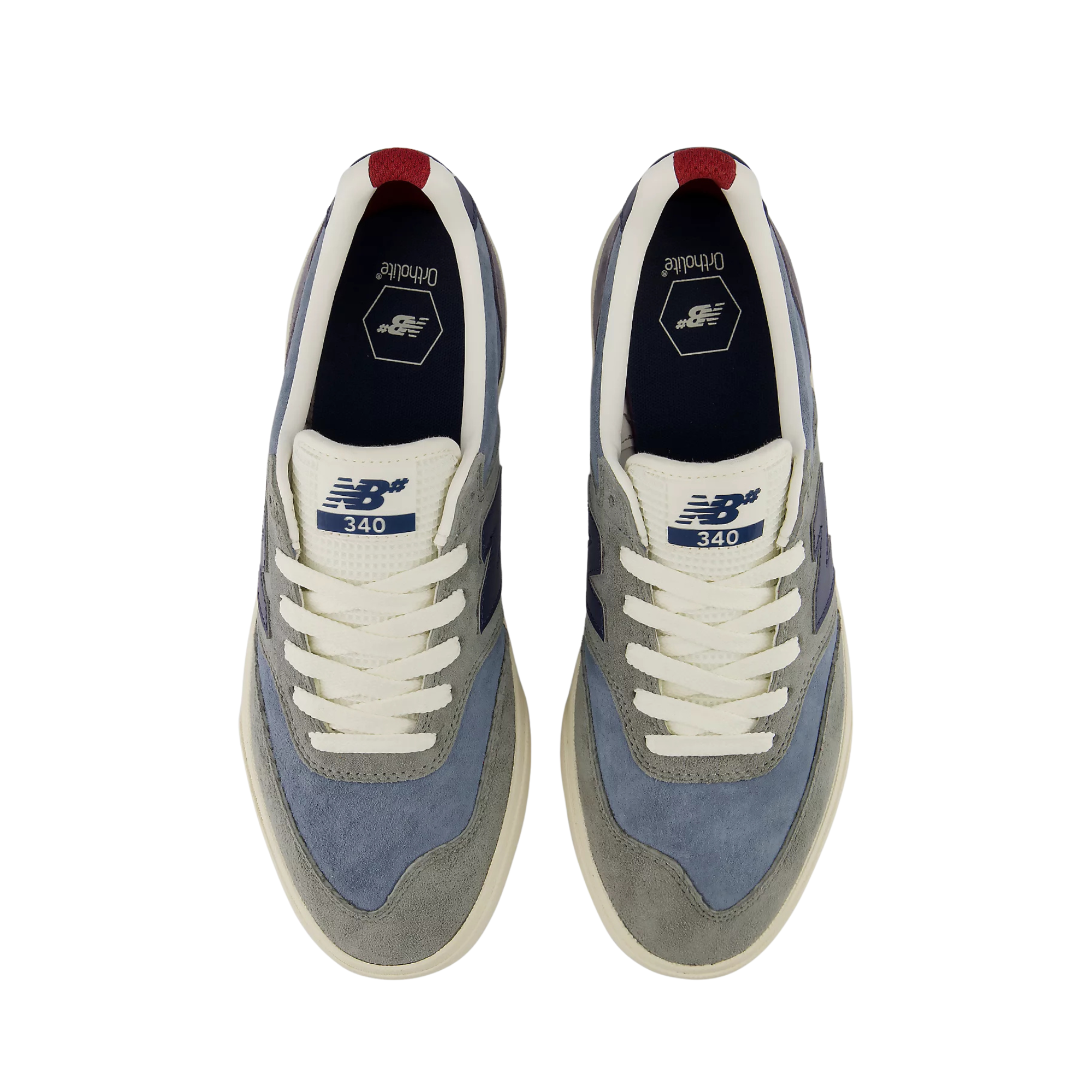A pair of New Balance 340 sneakers shown from a top-down view. The shoes feature a mix of light blue suede, gray suede, off-white leather, and navy blue accents, with a small red tab at the collar.