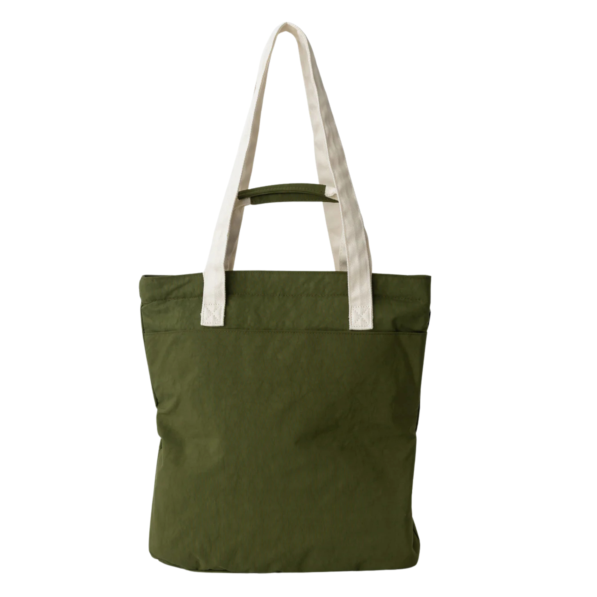 Green thread scout tote bag with a white pocket and strap on a white background