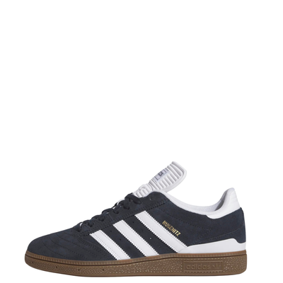 dark grey adidas busenitz skateboarding shoe with white strips and tongue and  gum sole on a white background