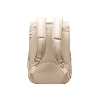 Beige herschel supply little america mid volume backpack with brown straps on a white background