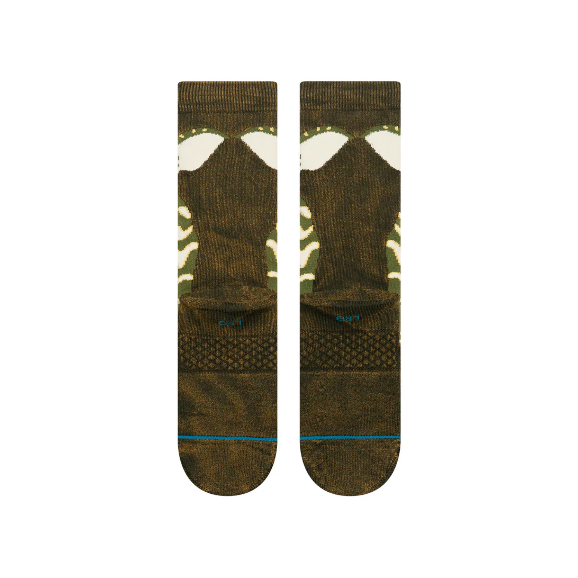 A pair of stance gremlins crew socks featuring a green and brown stripe from gremlins design on the upper leg, red eyes, and 'stance' printed in red on the toes.