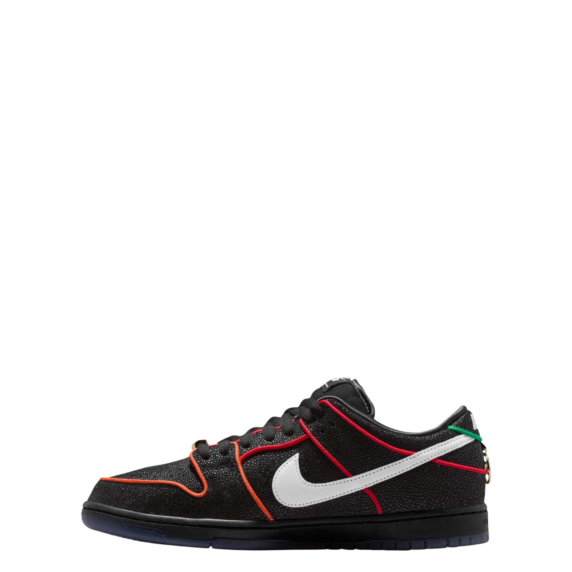Black NIKE SB dunk low bronx girls skate sneaker with colorful accents on a white background
