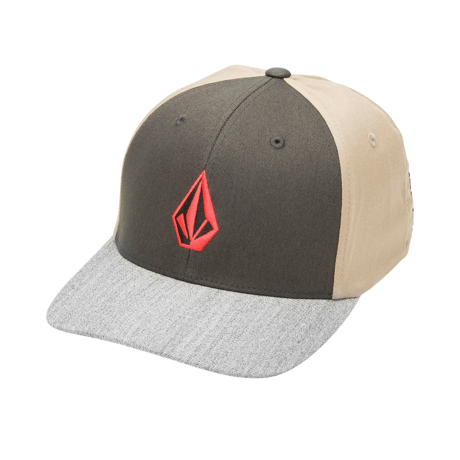 Multicolored volcom full stone heather flexfit hat with a red logo on a white background