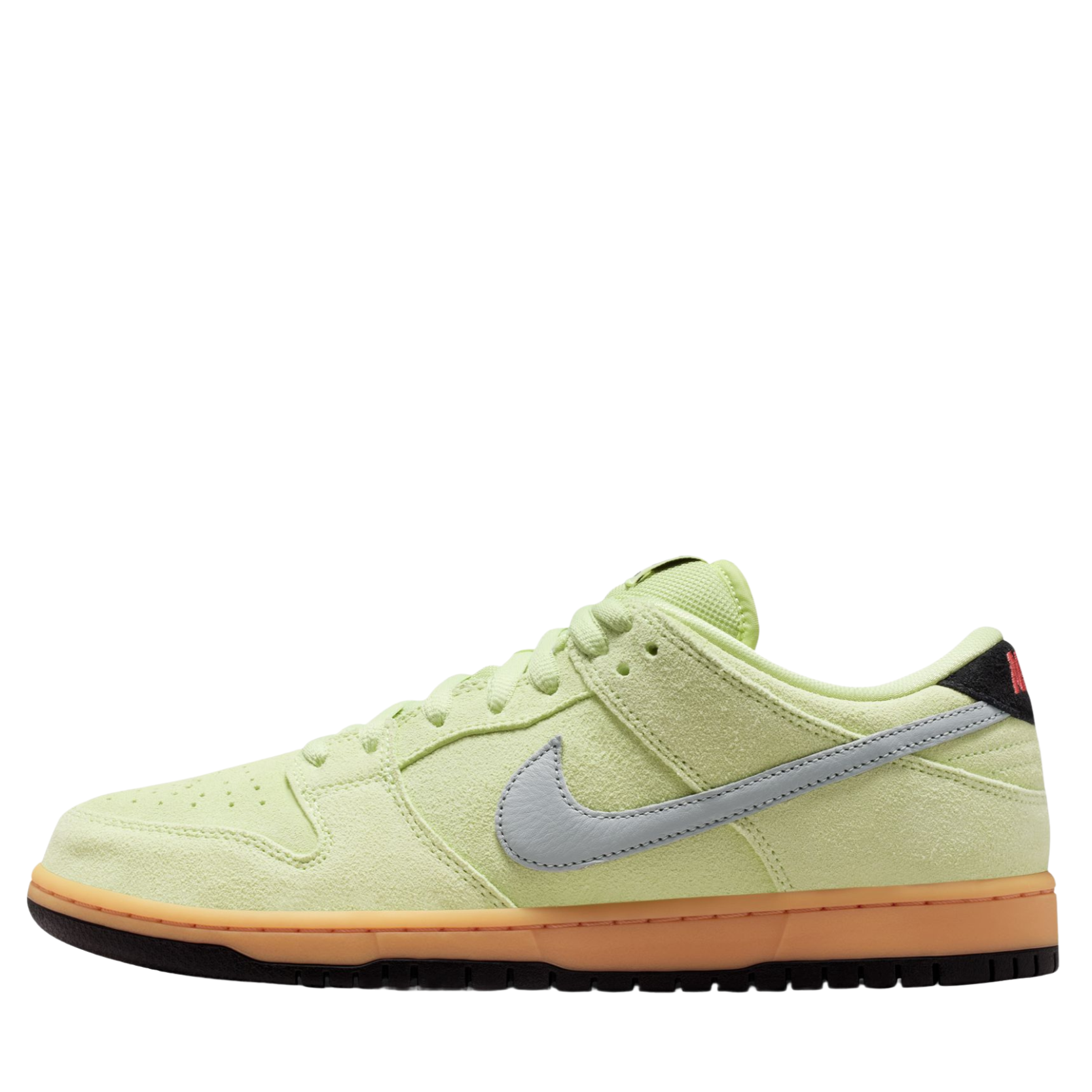 Light green nike sb verdugo mountains nike sb dunk low sneaker with a gray swoosh logo on a white background